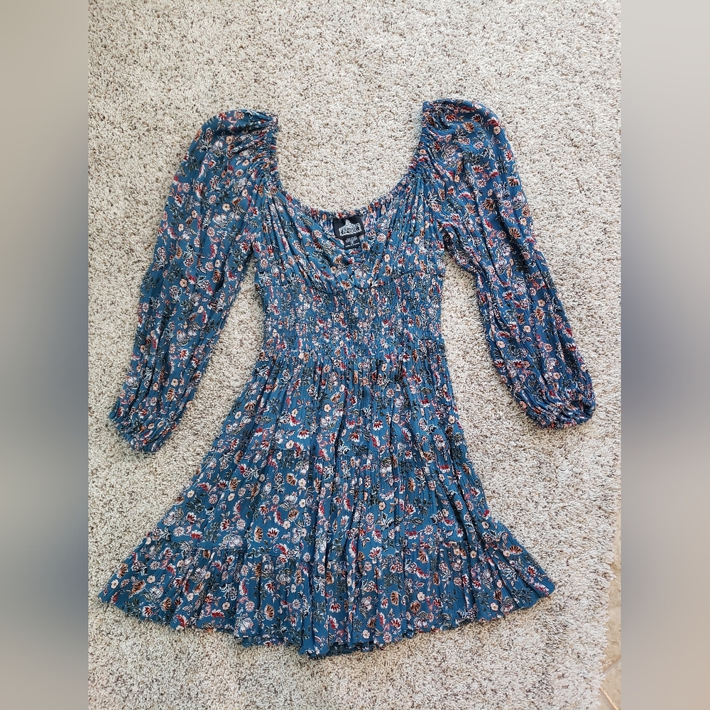 Angie Long Sleeve Floral Dress - Blue and Red